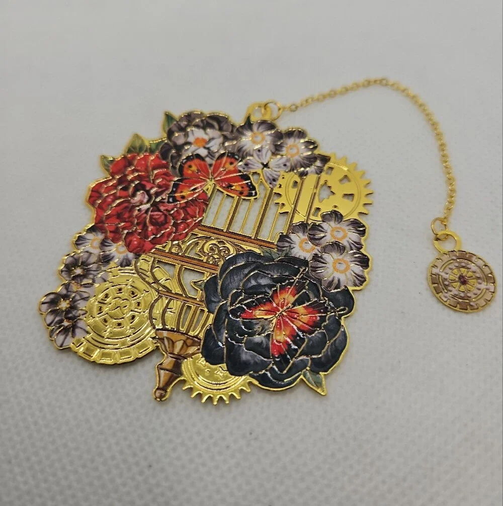 Gold Floral & Butterfly Steampunk Enamel Bookmark